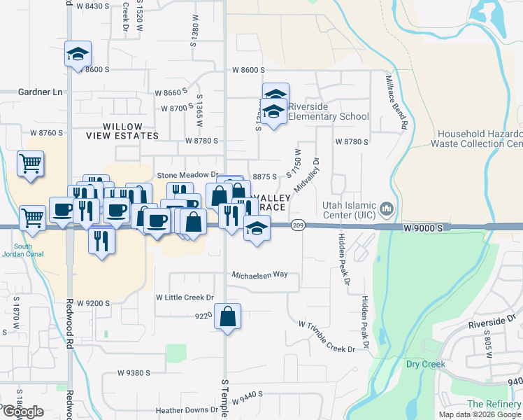map of restaurants, bars, coffee shops, grocery stores, and more near 8968 Galilee Court in West Jordan