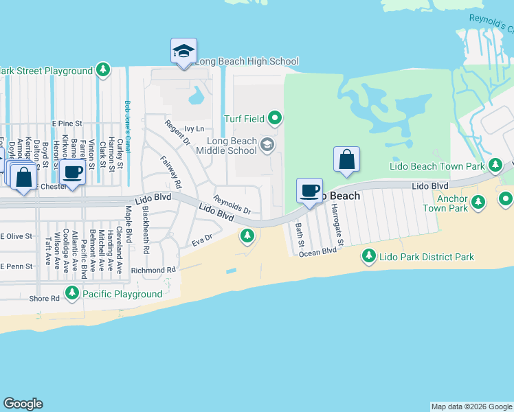 map of restaurants, bars, coffee shops, grocery stores, and more near 31 Regent Drive in Lido Beach