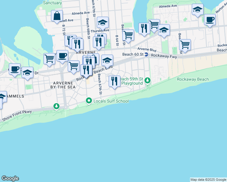 map of restaurants, bars, coffee shops, grocery stores, and more near 114 Beach Way in Queens
