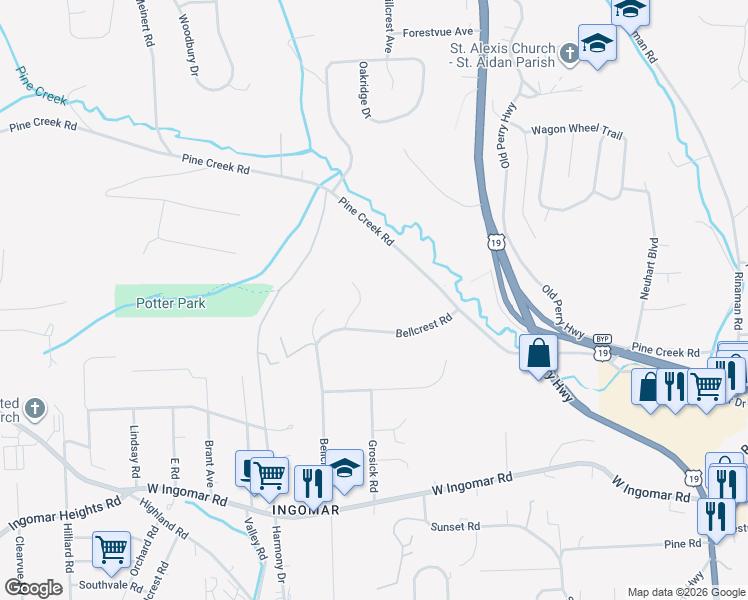 map of restaurants, bars, coffee shops, grocery stores, and more near 9865 Bellcrest Road in Pittsburgh