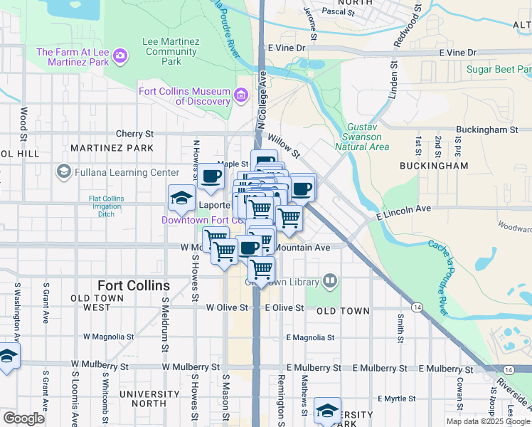map of restaurants, bars, coffee shops, grocery stores, and more near 172 North College Avenue in Fort Collins