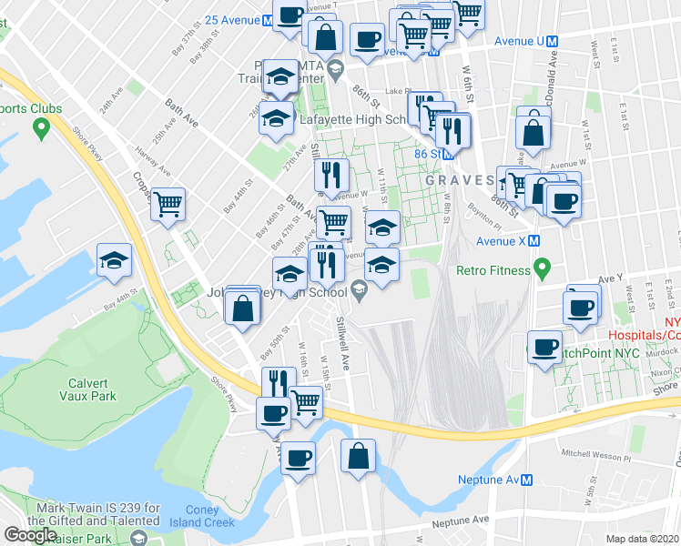 map of restaurants, bars, coffee shops, grocery stores, and more near 2417 Stillwell Avenue in Brooklyn