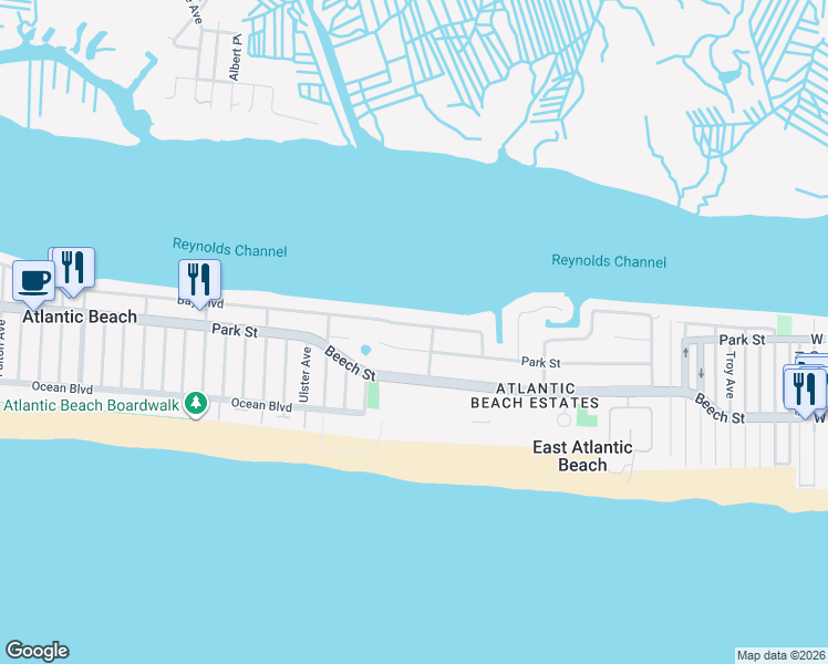 map of restaurants, bars, coffee shops, grocery stores, and more near 1495 Bay Boulevard in Atlantic Beach