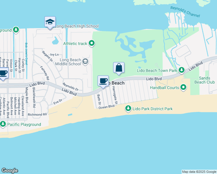 map of restaurants, bars, coffee shops, grocery stores, and more near in Lido Beach