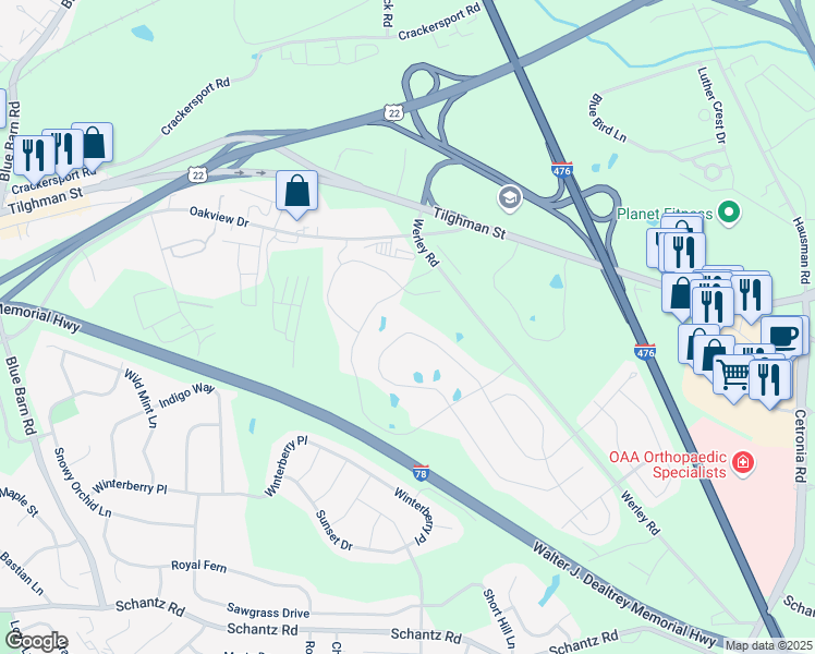 map of restaurants, bars, coffee shops, grocery stores, and more near 600 Werley Road in Allentown