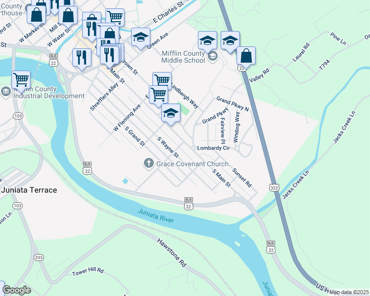 map of restaurants, bars, coffee shops, grocery stores, and more near 708 South Main Street in Lewistown