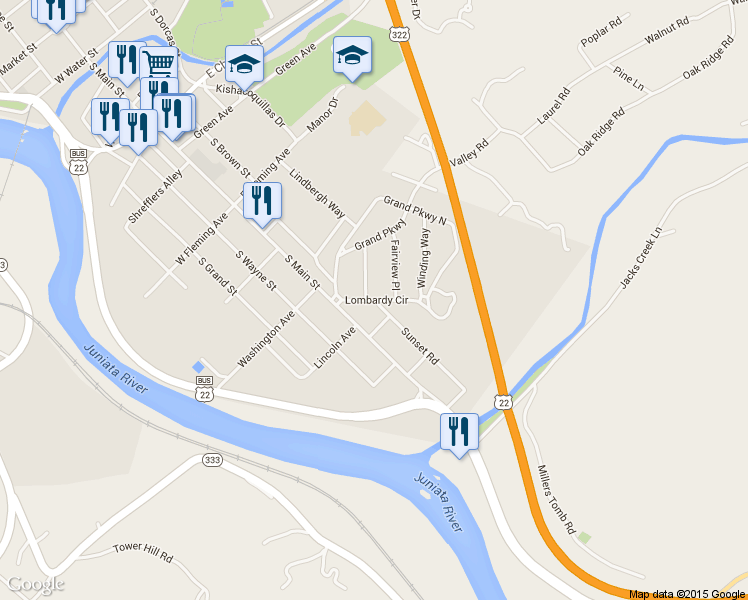 map of restaurants, bars, coffee shops, grocery stores, and more near 109 Lombardy Circle in Lewistown
