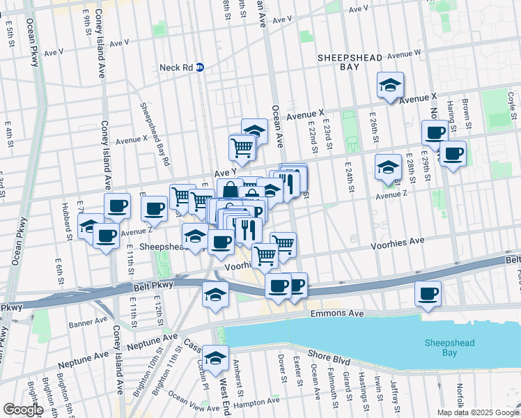 map of restaurants, bars, coffee shops, grocery stores, and more near 2577 East 18th Street in Brooklyn
