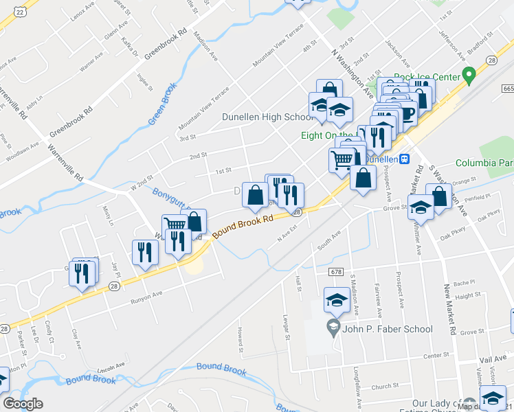 map of restaurants, bars, coffee shops, grocery stores, and more near 198 Sanford Avenue in Dunellen
