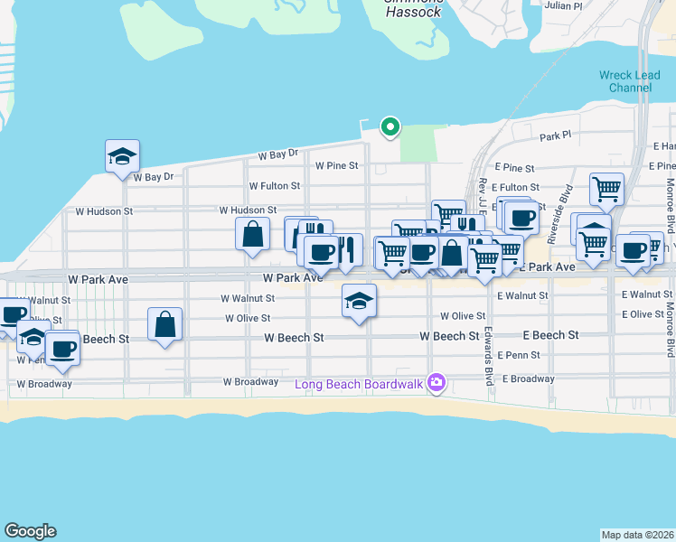 map of restaurants, bars, coffee shops, grocery stores, and more near 225 West Park Avenue in Long Beach