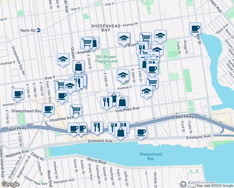 map of restaurants, bars, coffee shops, grocery stores, and more near 4635 Bedford Avenue in Brooklyn