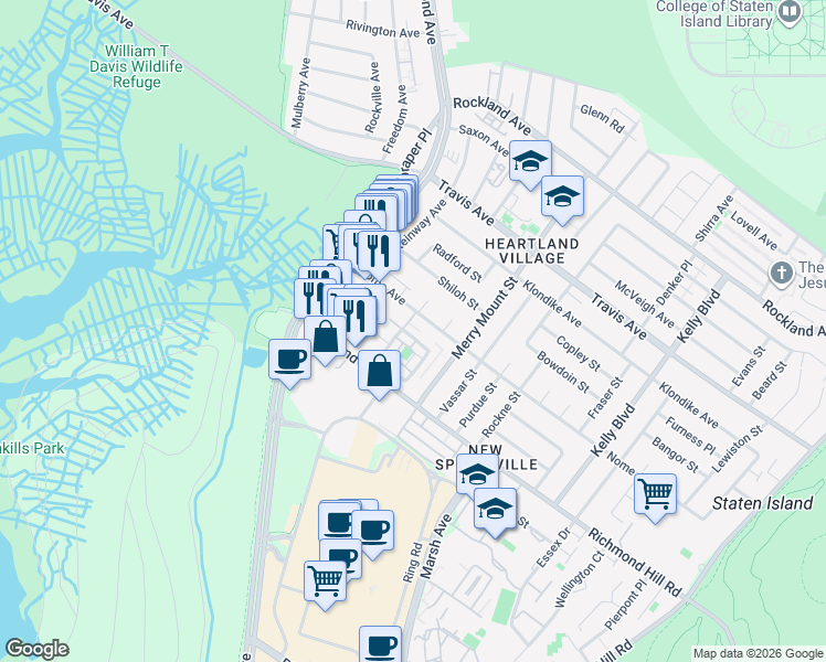map of restaurants, bars, coffee shops, grocery stores, and more near 61 Country Drive North in Staten Island