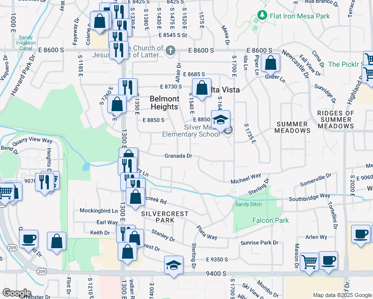 map of restaurants, bars, coffee shops, grocery stores, and more near 8962 Altair Drive in Sandy