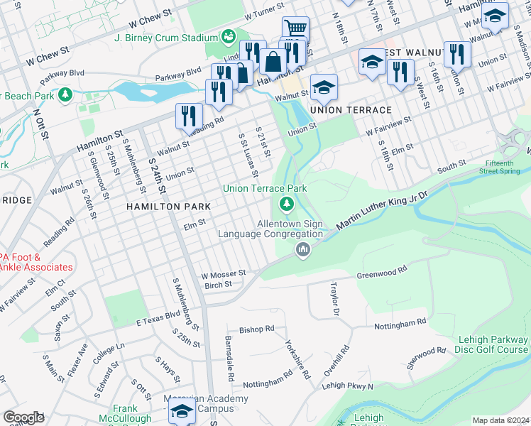 map of restaurants, bars, coffee shops, grocery stores, and more near 420 Cedar Creek Boulevard in Allentown