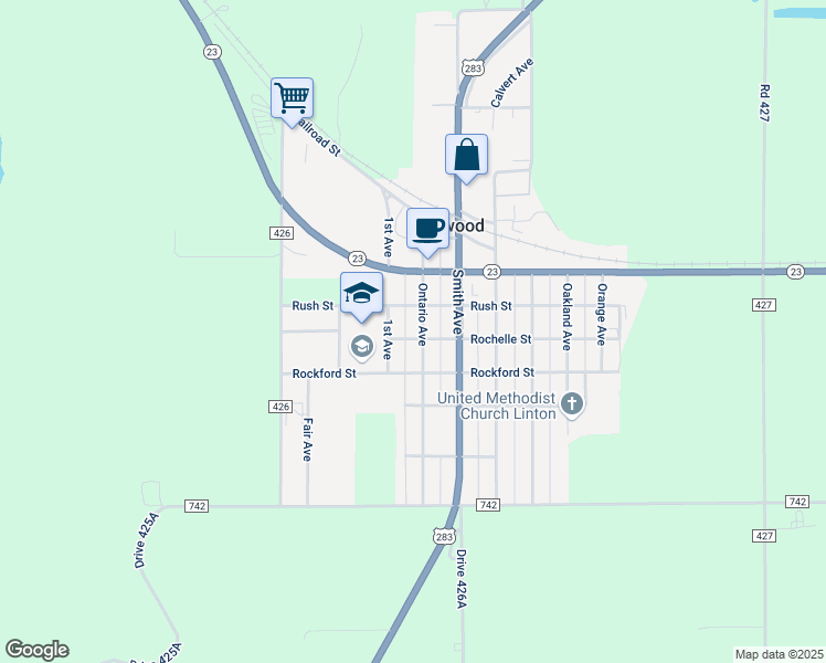 map of restaurants, bars, coffee shops, grocery stores, and more near 407 Ontario Avenue in Elwood