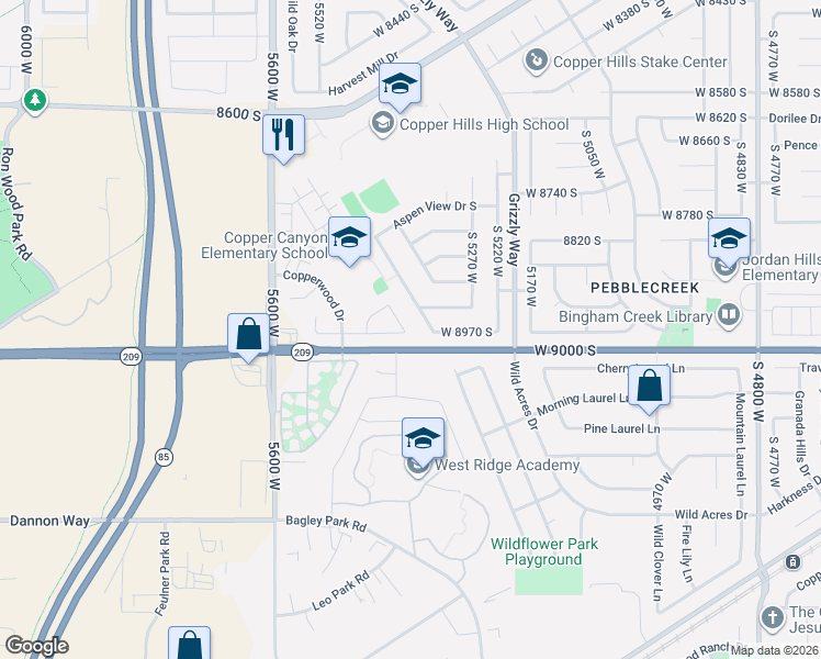 map of restaurants, bars, coffee shops, grocery stores, and more near 8961 Mayflower Street in West Jordan