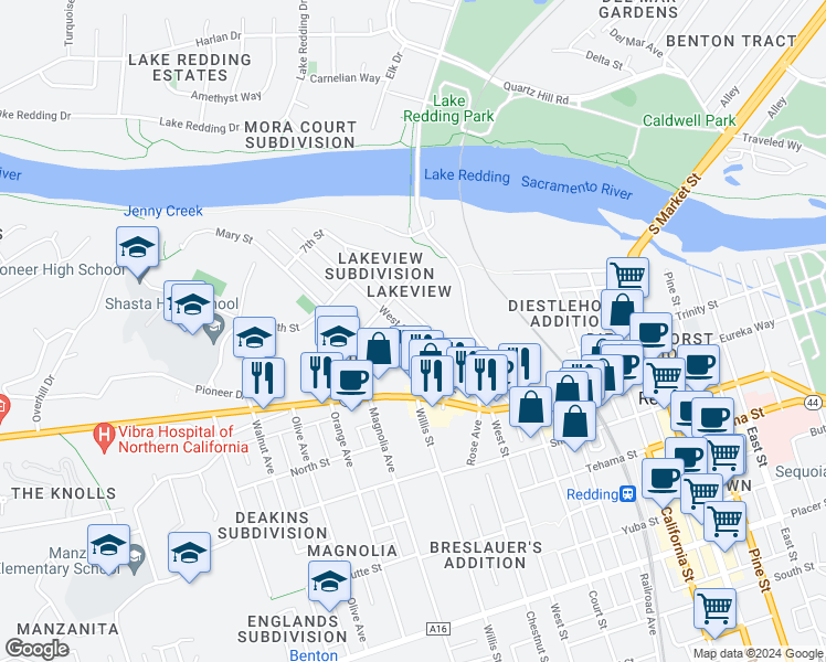 map of restaurants, bars, coffee shops, grocery stores, and more near 965 West Street in Redding