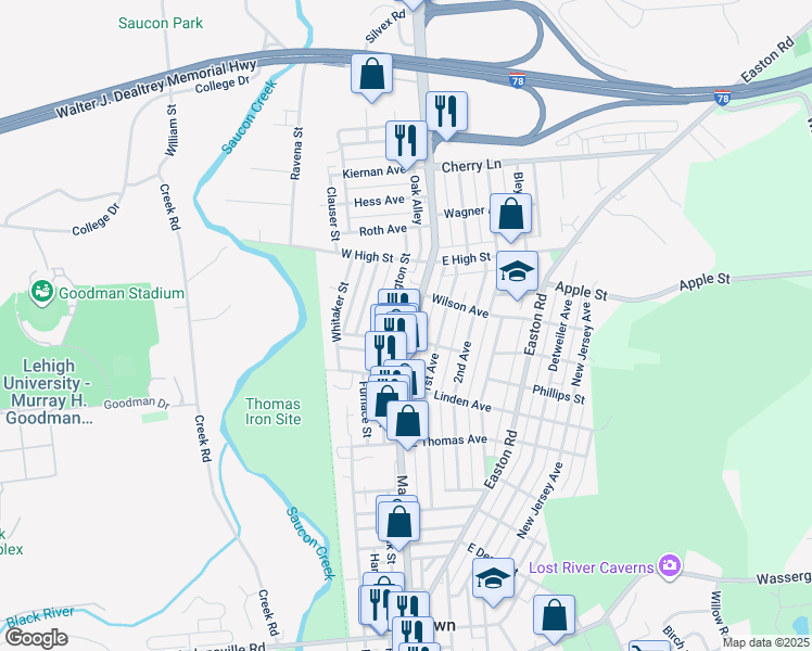 map of restaurants, bars, coffee shops, grocery stores, and more near 1342 Main Street in Hellertown
