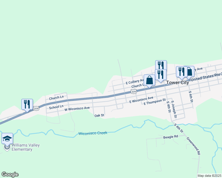 map of restaurants, bars, coffee shops, grocery stores, and more near 106 West Colliery Avenue in Tower City