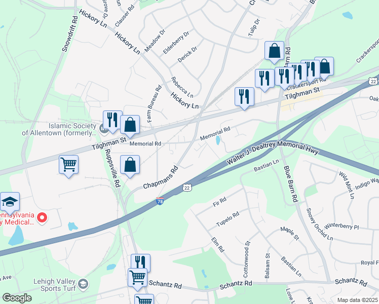 map of restaurants, bars, coffee shops, grocery stores, and more near 6340 Chapmans Road in Allentown