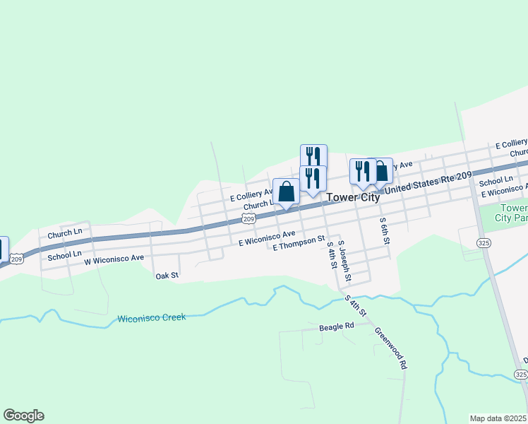 map of restaurants, bars, coffee shops, grocery stores, and more near 125 East Grand Avenue in Tower City