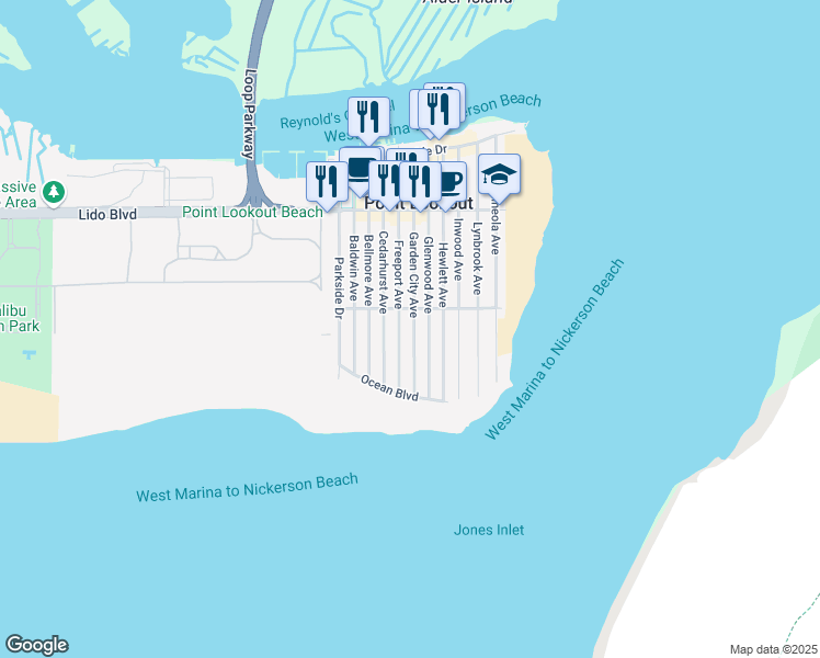 map of restaurants, bars, coffee shops, grocery stores, and more near 109 Garden City Ave in Point Lookout