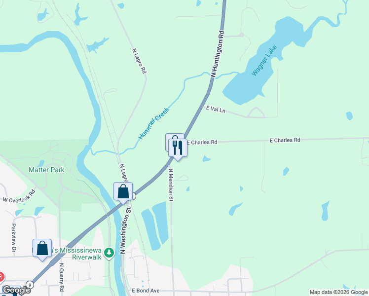 map of restaurants, bars, coffee shops, grocery stores, and more near 2224 North Huntington Road in Marion