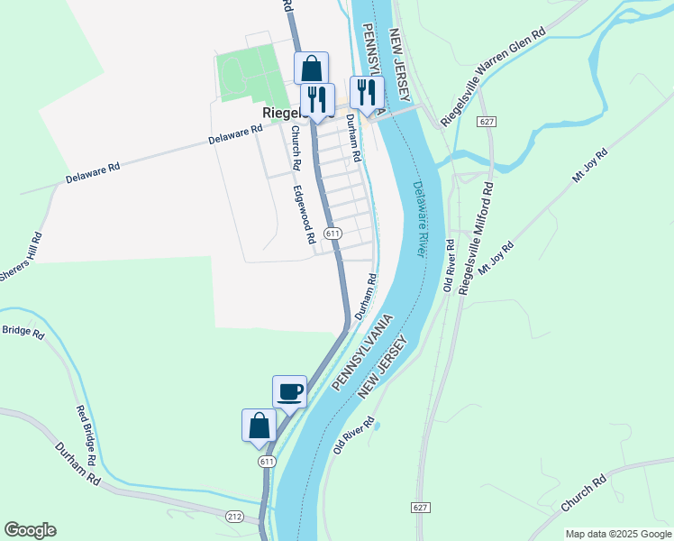 map of restaurants, bars, coffee shops, grocery stores, and more near 1219 Easton Road in Riegelsville