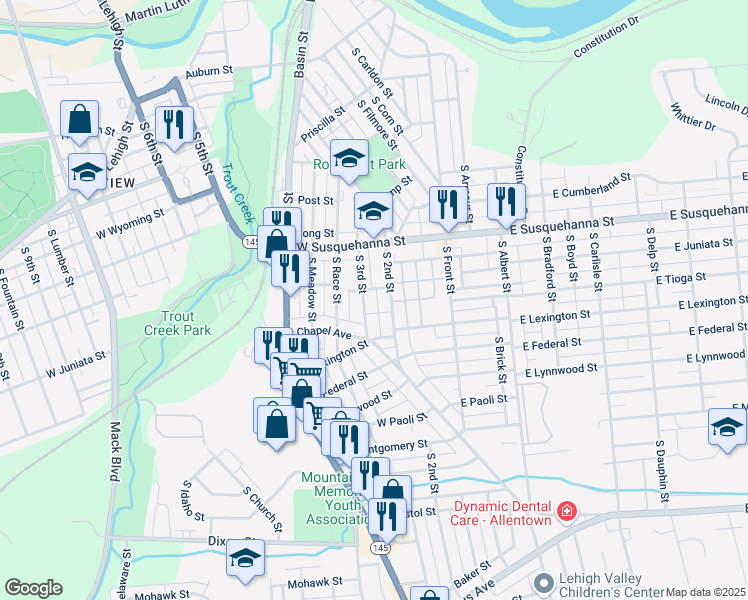 map of restaurants, bars, coffee shops, grocery stores, and more near 1309 South Bryan Street in Allentown
