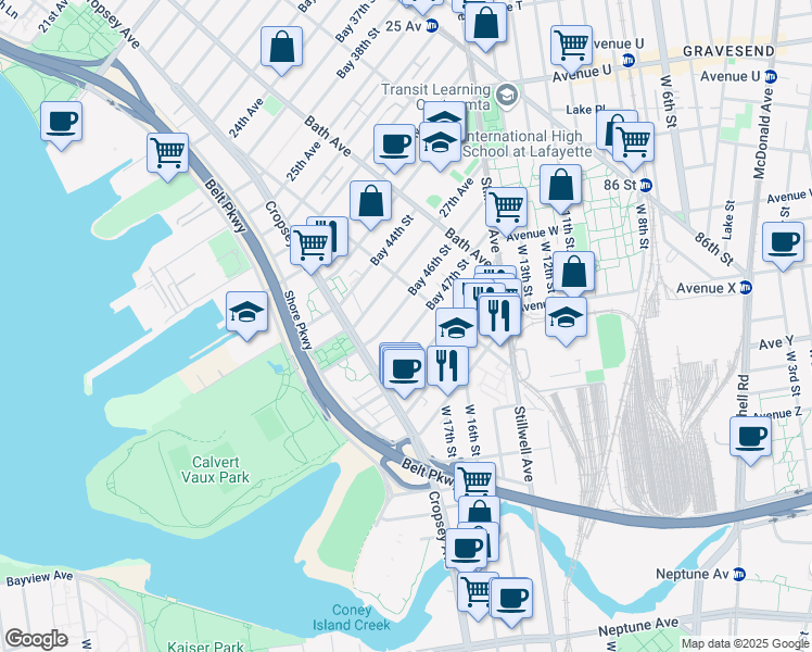 map of restaurants, bars, coffee shops, grocery stores, and more near 150 Bay 47th Street in Brooklyn