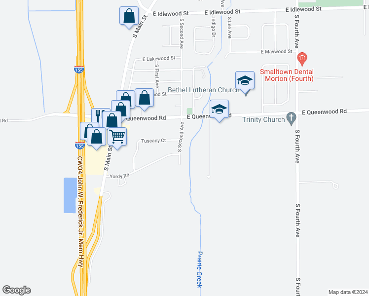 map of restaurants, bars, coffee shops, grocery stores, and more near 2220 South Second Avenue in Morton