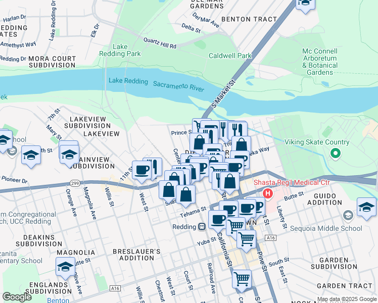 map of restaurants, bars, coffee shops, grocery stores, and more near 1086 California Street in Redding