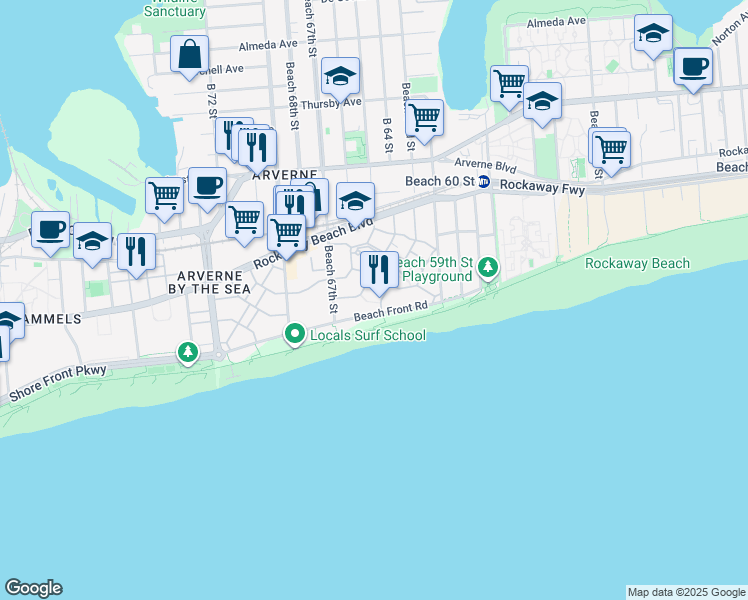 map of restaurants, bars, coffee shops, grocery stores, and more near 114 Beach Way in Queens