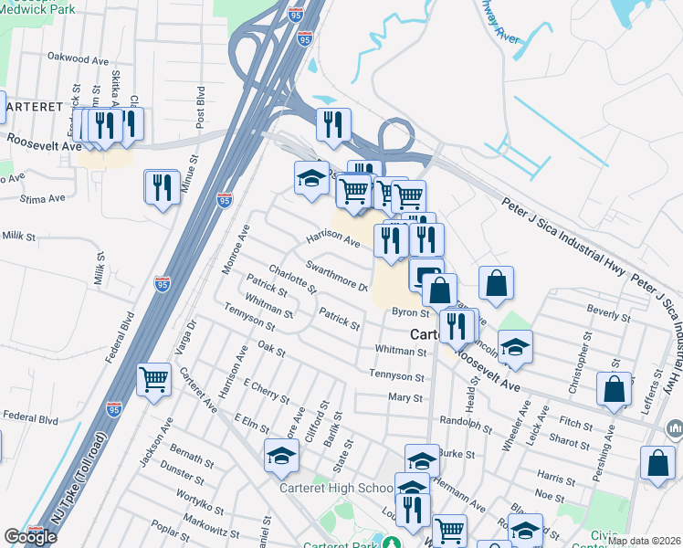 map of restaurants, bars, coffee shops, grocery stores, and more near 18 Swarthmore Drive in Carteret
