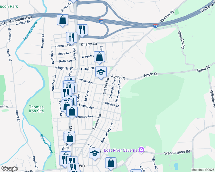 map of restaurants, bars, coffee shops, grocery stores, and more near 1339 Easton Road in Hellertown