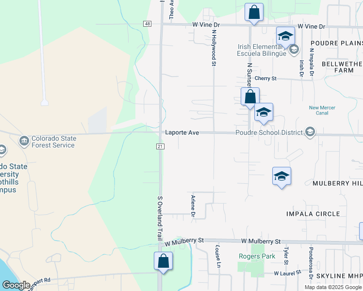 map of restaurants, bars, coffee shops, grocery stores, and more near 116 Hartman Street in Fort Collins