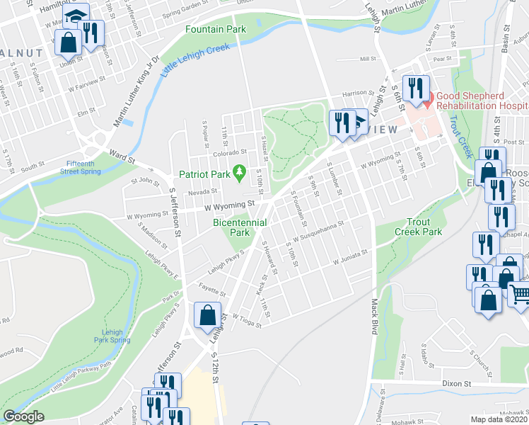 map of restaurants, bars, coffee shops, grocery stores, and more near 1022 State Route 2005 in Allentown