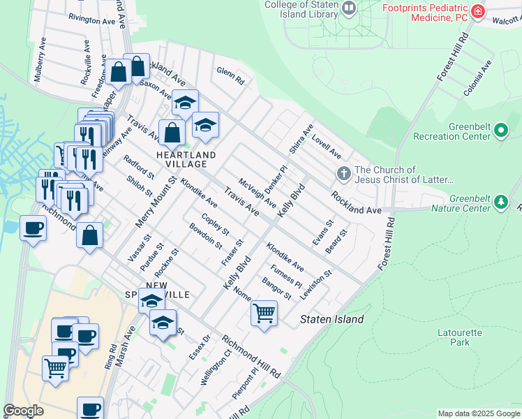 map of restaurants, bars, coffee shops, grocery stores, and more near 351 Travis Avenue in Staten Island