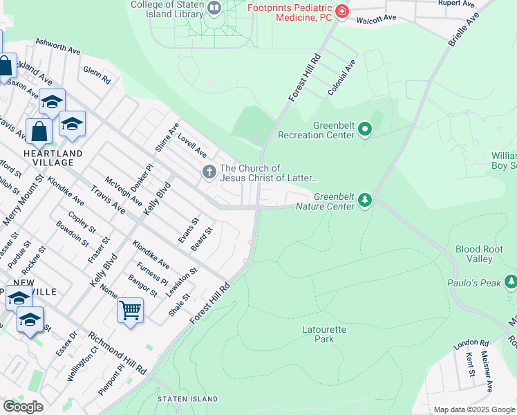 map of restaurants, bars, coffee shops, grocery stores, and more near Rockland Ave & Forest Hill Rd in Staten Island