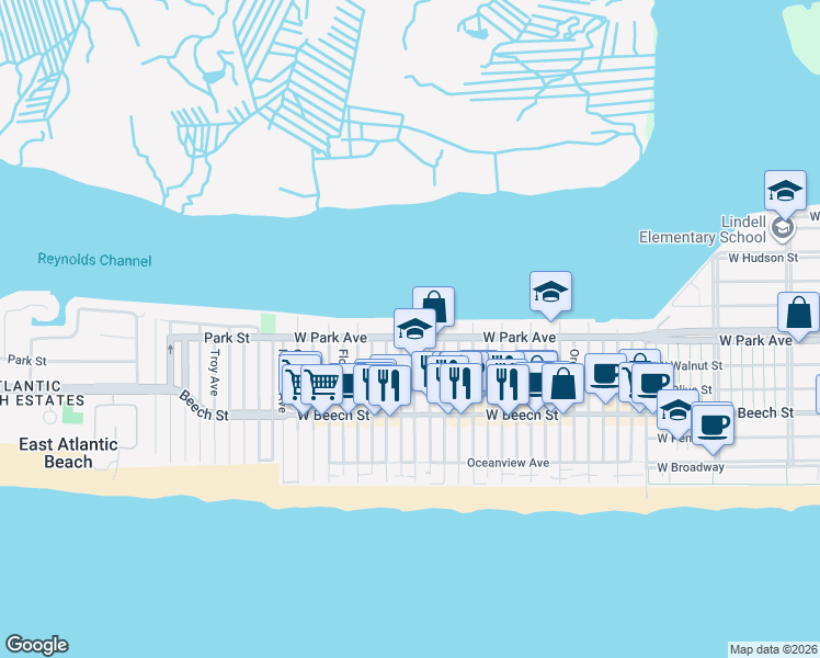 map of restaurants, bars, coffee shops, grocery stores, and more near 1031 West Park Avenue in Long Beach