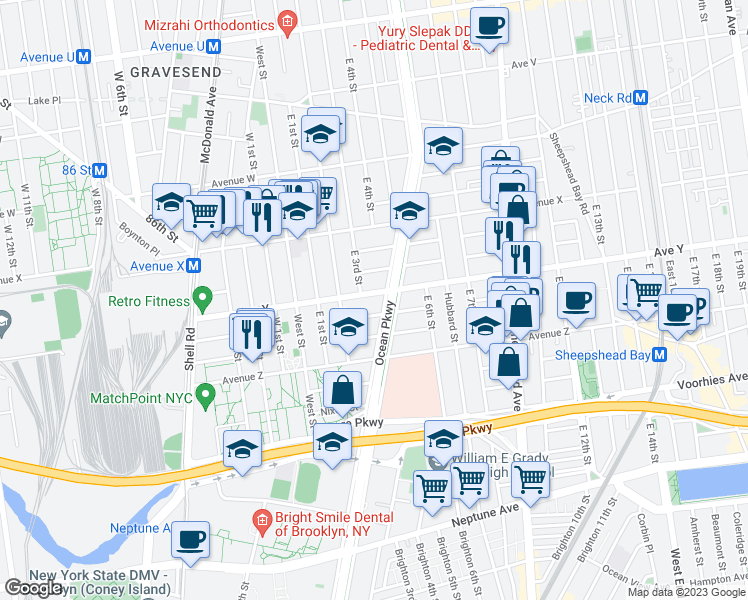 map of restaurants, bars, coffee shops, grocery stores, and more near 2514 Ocean Parkway in Brooklyn