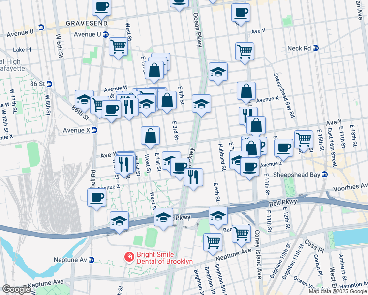 map of restaurants, bars, coffee shops, grocery stores, and more near 2514 Ocean Parkway in Brooklyn