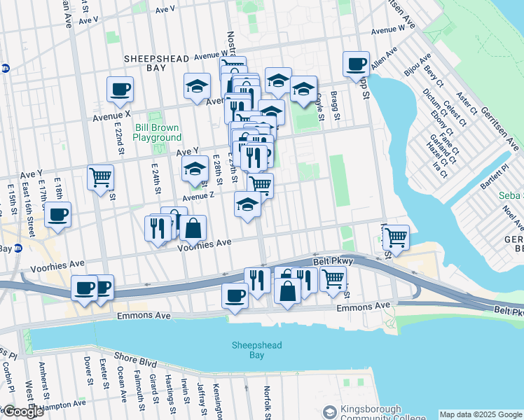 map of restaurants, bars, coffee shops, grocery stores, and more near 3901 Nostrand Avenue in Brooklyn