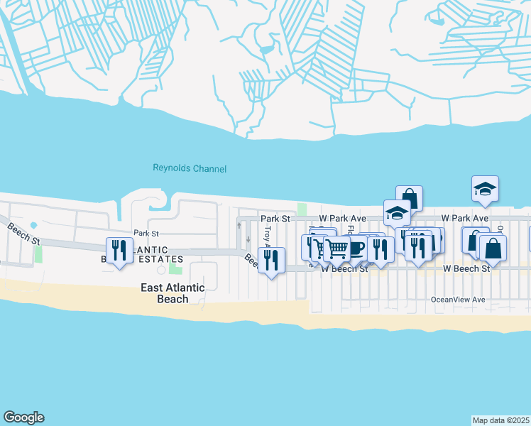 map of restaurants, bars, coffee shops, grocery stores, and more near 58 Bay Street in East Atlantic Beach