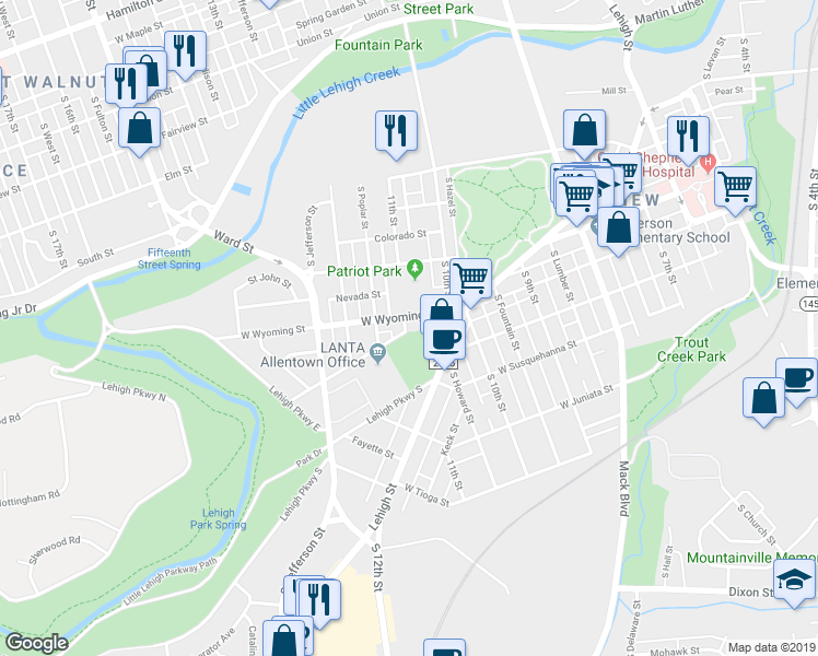 map of restaurants, bars, coffee shops, grocery stores, and more near 1011 South 11th Street in Allentown