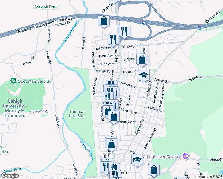 map of restaurants, bars, coffee shops, grocery stores, and more near 1342 Main Street in Hellertown