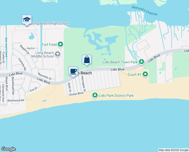 map of restaurants, bars, coffee shops, grocery stores, and more near 11 Biarritz Street in Lido Beach