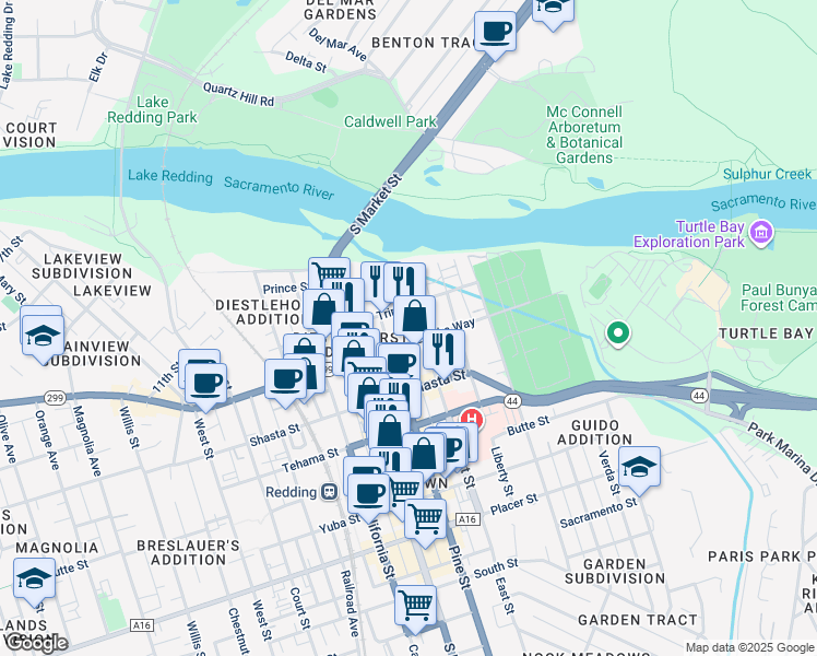 map of restaurants, bars, coffee shops, grocery stores, and more near 1135 Pine Street in Redding