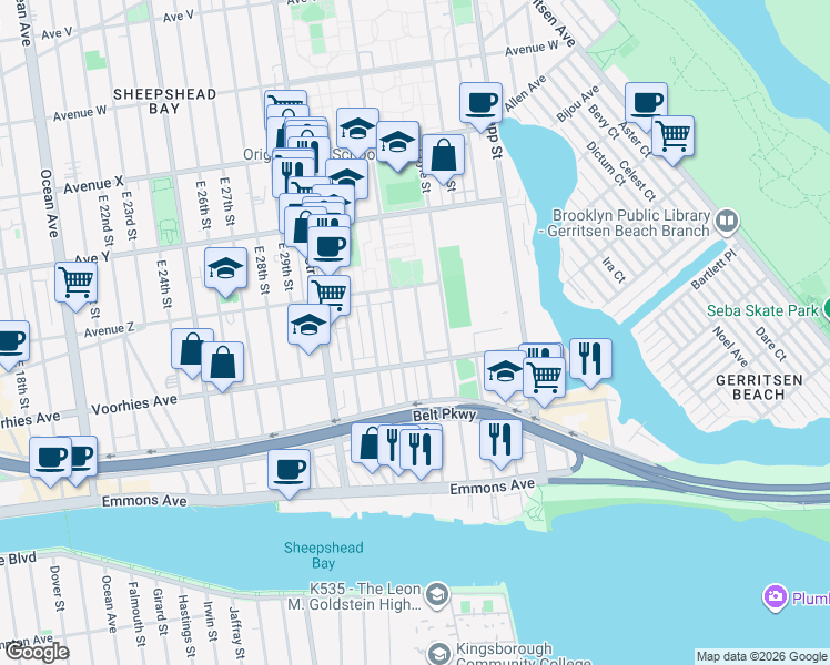 map of restaurants, bars, coffee shops, grocery stores, and more near 2659 Batchelder Street in Brooklyn