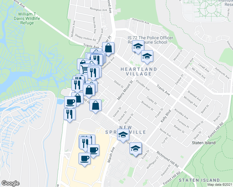 map of restaurants, bars, coffee shops, grocery stores, and more near 40 Poi Court in Staten Island